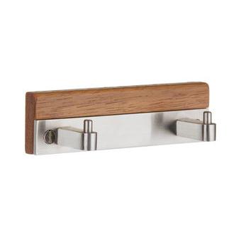 Smedbo B1066 Double Hook Wooden Coat Rack in Brushed Stainless Steel from the Profile Collection